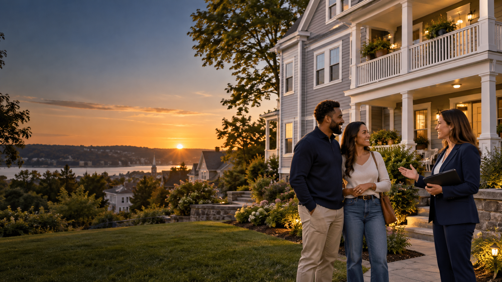 Connecticut residents meeting with a real estate professional outside a renovated home